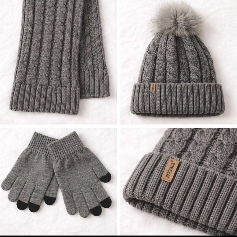 Gray Cable Knit Beanie with Pom Pom